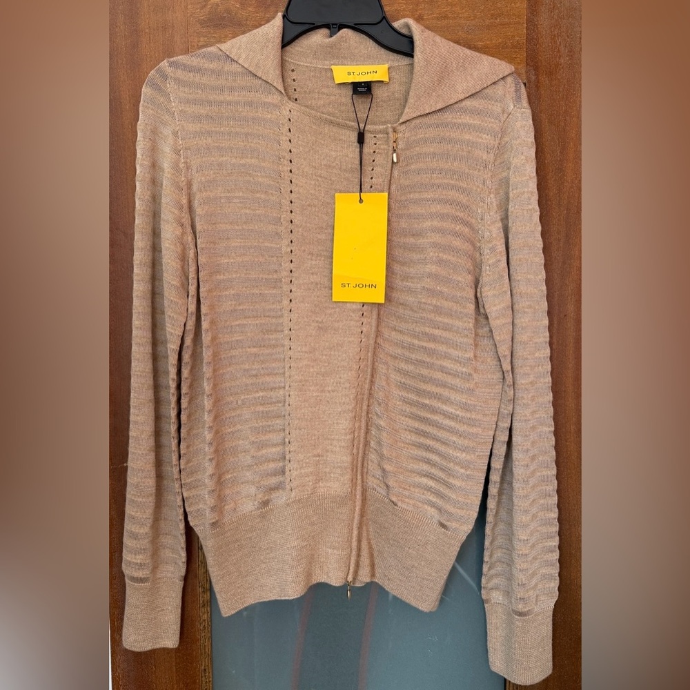 St. John Women’s Neutral Dark Camel Wool Blend Zip Up Cardigan NWT Small